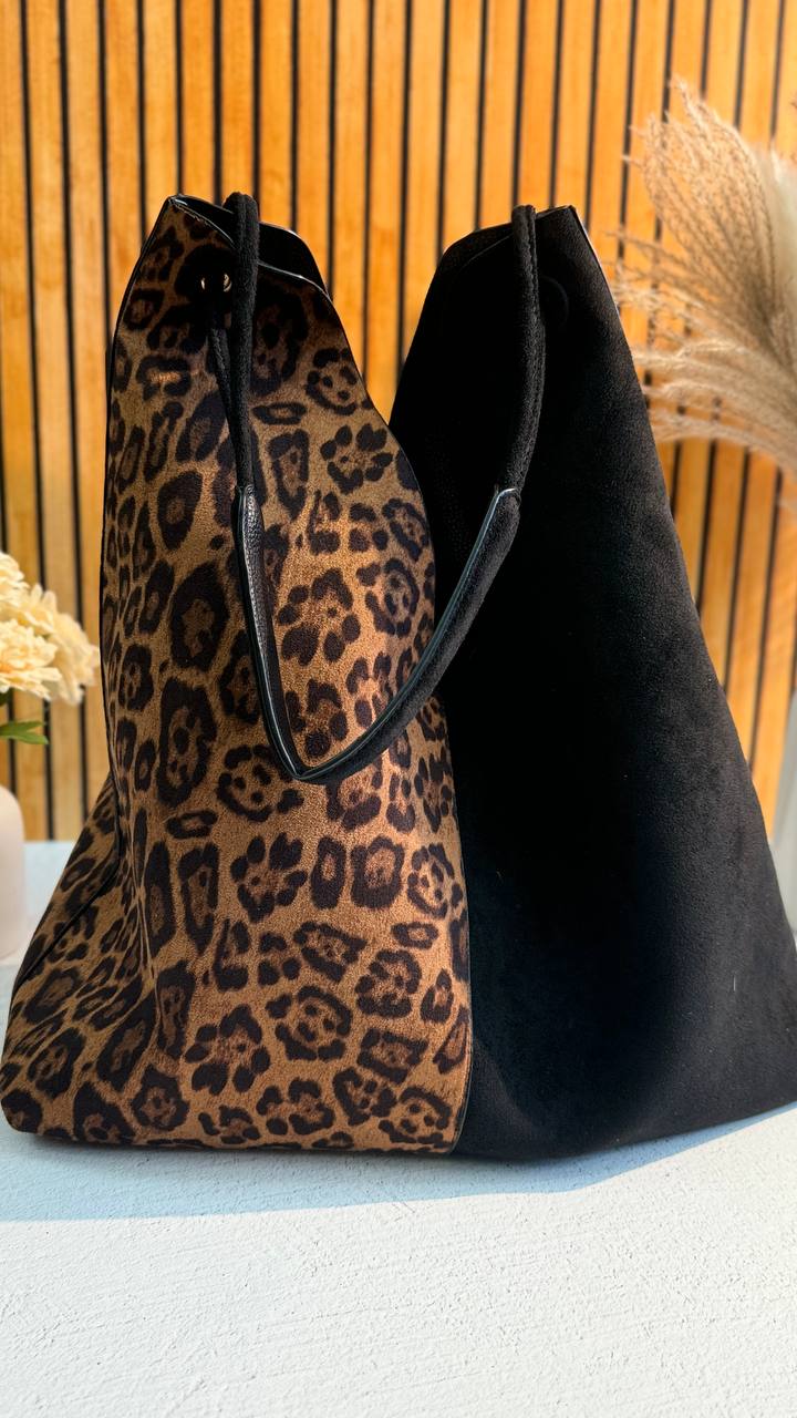 Shopper Bag Made of Genuine Suede and PU with an Inner Pouch