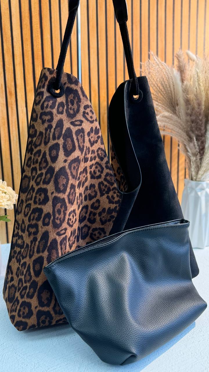 Shopper Bag Made of Genuine Suede and PU with an Inner Pouch