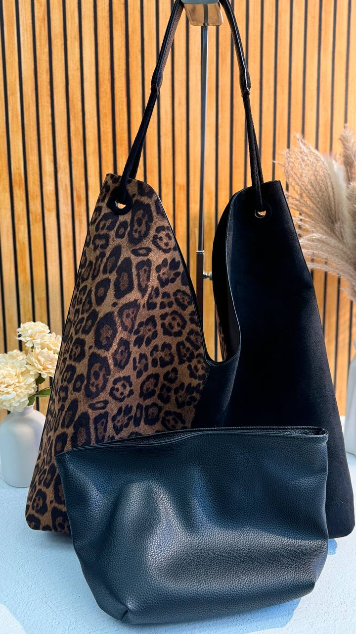 Shopper Bag Made of Genuine Suede and PU with an Inner Pouch