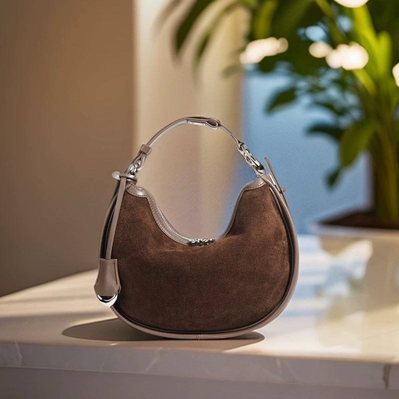 3-in-1 Designer Shoulder Bag – Genuine Leather & Suede | Crescent Crossbody | Adjustable Strap | Minimalist Luxury Handbag