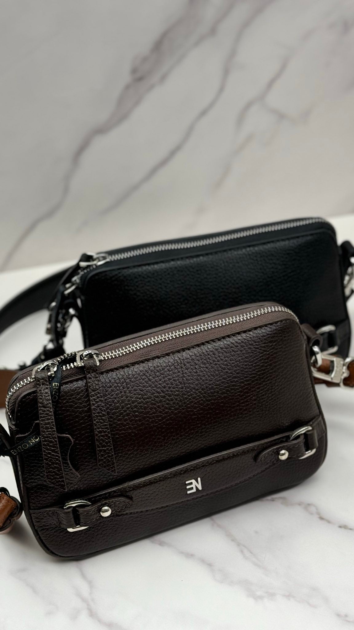 Small Black Bag with Silver Hardware and Long Strap